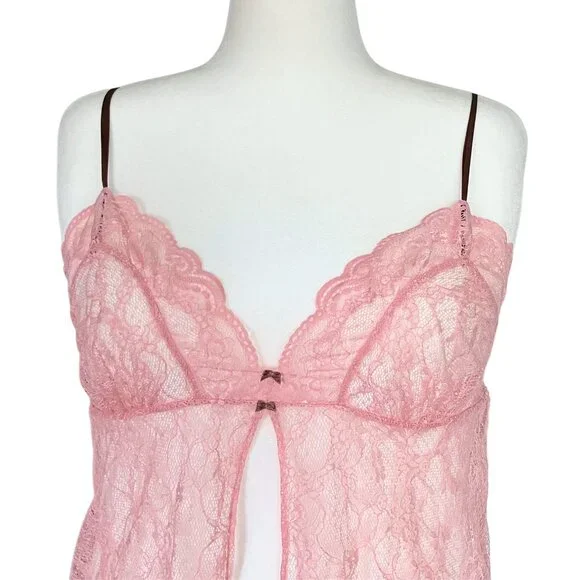 Vintage Y2K Victoria’s Secret Sheer Pink Lace Split Babydoll Cami Coquette M/L - Picture 7 of 9